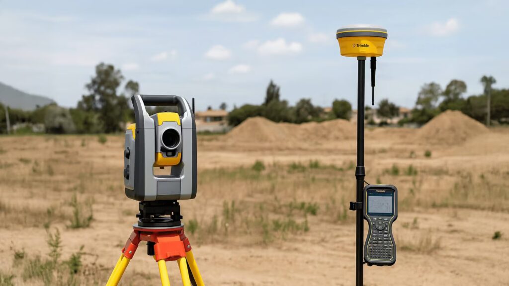 Trimble survey equipment with total station and GNSS receiver on a construction site